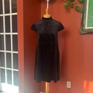 French Connection Black Mock Neck Cap Sleeve Sparkle Glitter Mini Dress